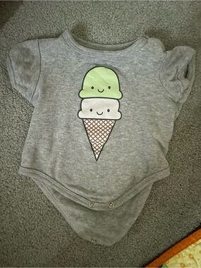 Grey Baby One-Piece with Smiling Ice Cream Graphic - Green & White Accent